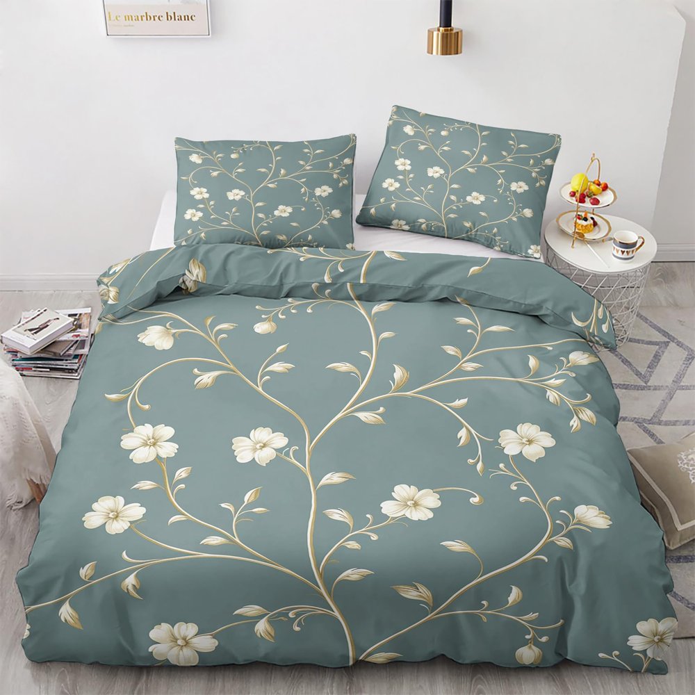 Generic Floral Bedding Set 155 x 220 cm – Country-Style Duvet Cover with 1 Pillowcase 80 x 80 cm, Soft Iron-Free Microfiber, 2-Piece Set with Zipper, Reversible Bedding, M&-1070