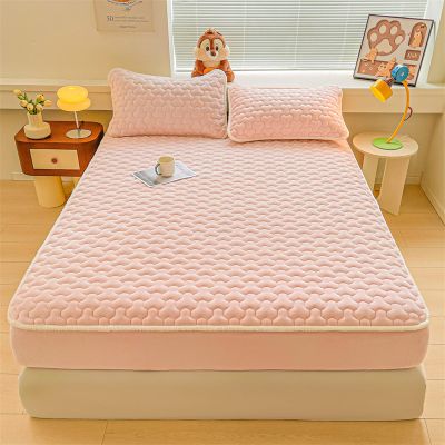 FOREPOTY Breathable Fitted Sheet, Winter Thick Quilted Milk Velvet Mattress Protector, Cartoon Print, Solid Light Pink, 150 x 200 cm (3-Piece)