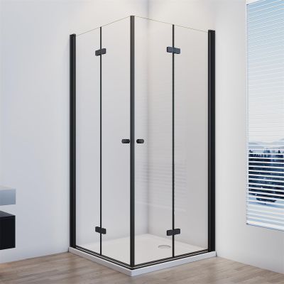 IMPTS Black Corner-Entry Shower Enclosure 90 x 90 cm with Folding Door, 6 mm Tempered Safety Glass, 185 cm High, incl. Shower Tray and Waste Set