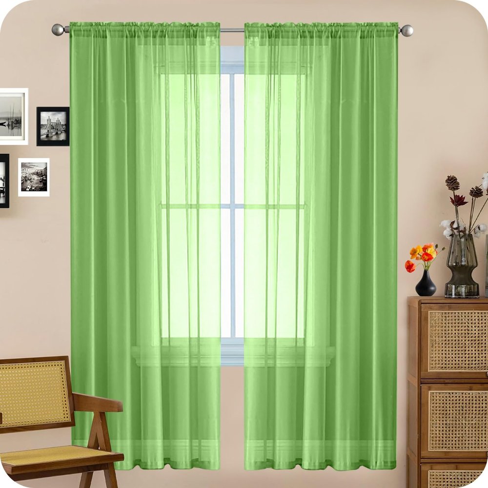 Sheer Striped Curtain 110 x 160 cm, Linen Look, Light Green