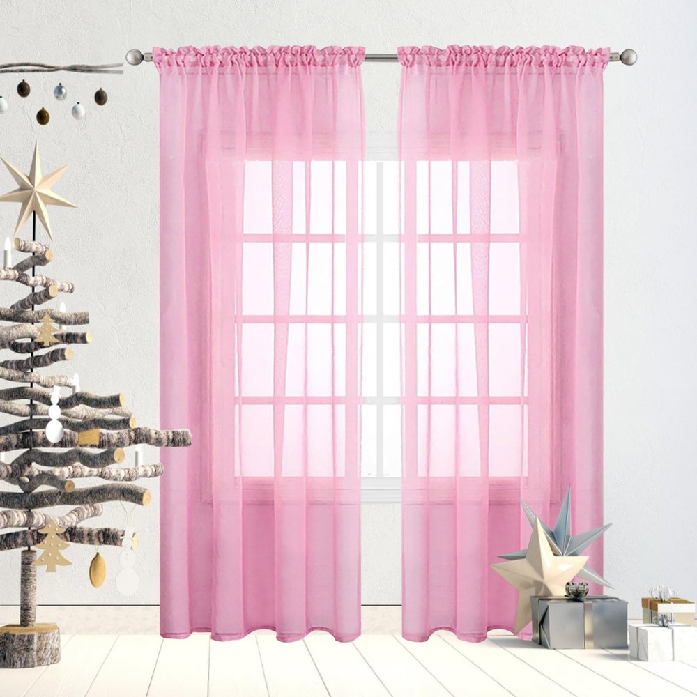 GAIFNAG Sheer Short Curtain, 120 x 250 cm, Linen Look, Pink