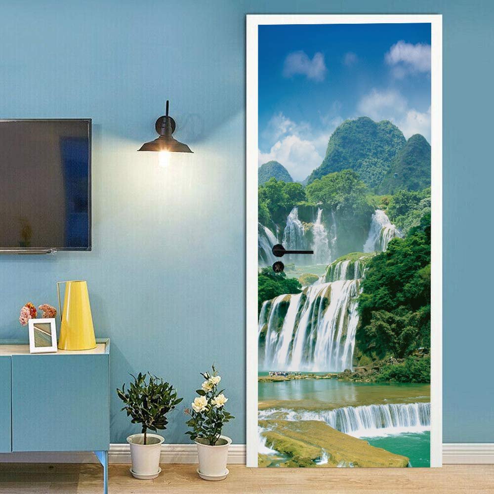 FYRHLH Self-Adhesive Door Wallpaper, Forests & Waterfalls 3D Door Decal, Removable Waterproof, 77 x 200 cm