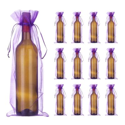 QUARKZMAN 30-Pack Organza Wine Bags, 15 x 5.5 in, Transparent Mesh Wine Gift Bags with Drawstring for Weddings, Birthdays, Party Favors, Dark Purple