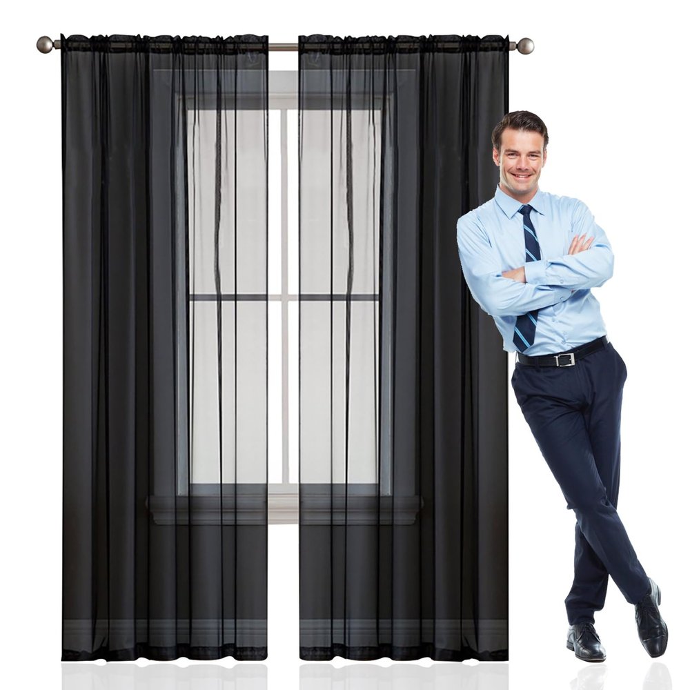 GAIFNAG Sheer Curtain, 190 x 170 cm, Transparent Linen Look, Washable, Black