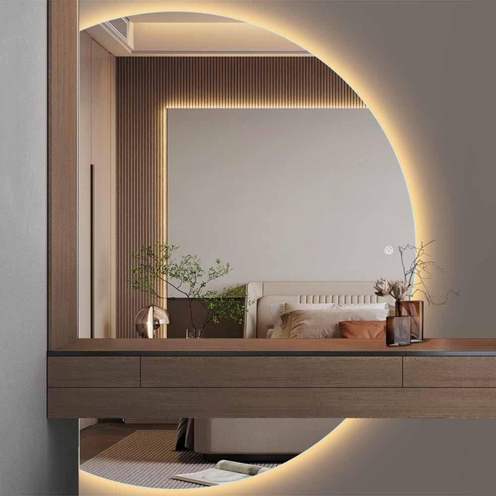 BomDog Large Semicircular Bathroom Wall Mirror, 3-Color Backlit, Left Cut, 33 x 47 in, Warm Light