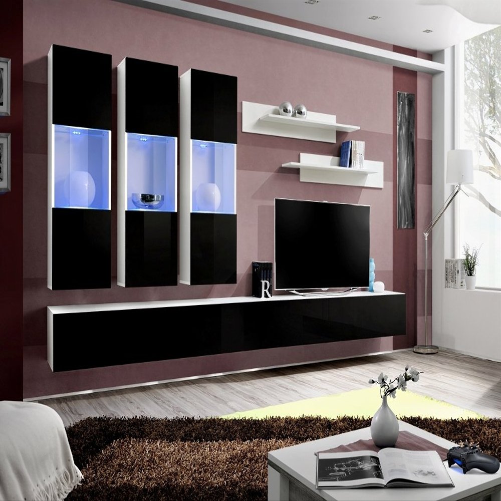 All4All Bianko Living Room Wall Unit, Matte White/High-Gloss Black 21