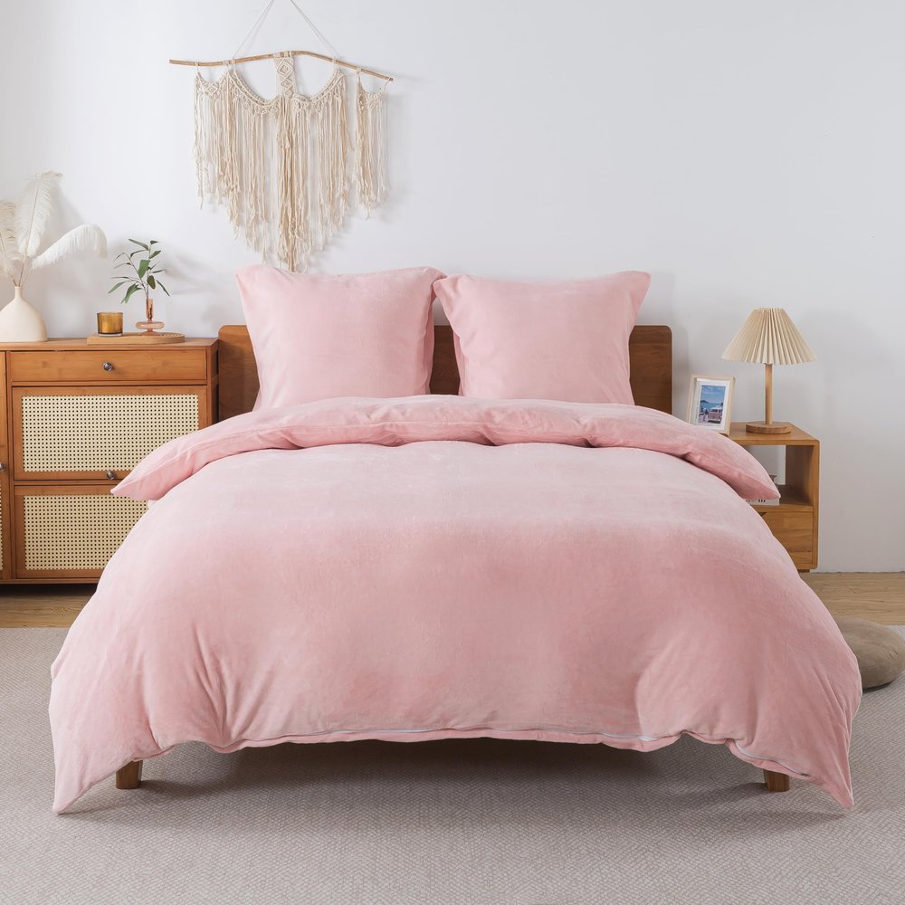 RongRongIN Plush Bedding Set 200 x 200 cm, Pink, Fall/Winter Duvet Cover with 2 Pillowcases 80 x 80 cm, Warm Soft Cozy Flannel Set with Zippers for Women and Girls