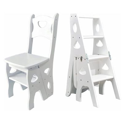 Folding Solid Wood Ladder Chair, 2-in-1 Step Stool with Seat