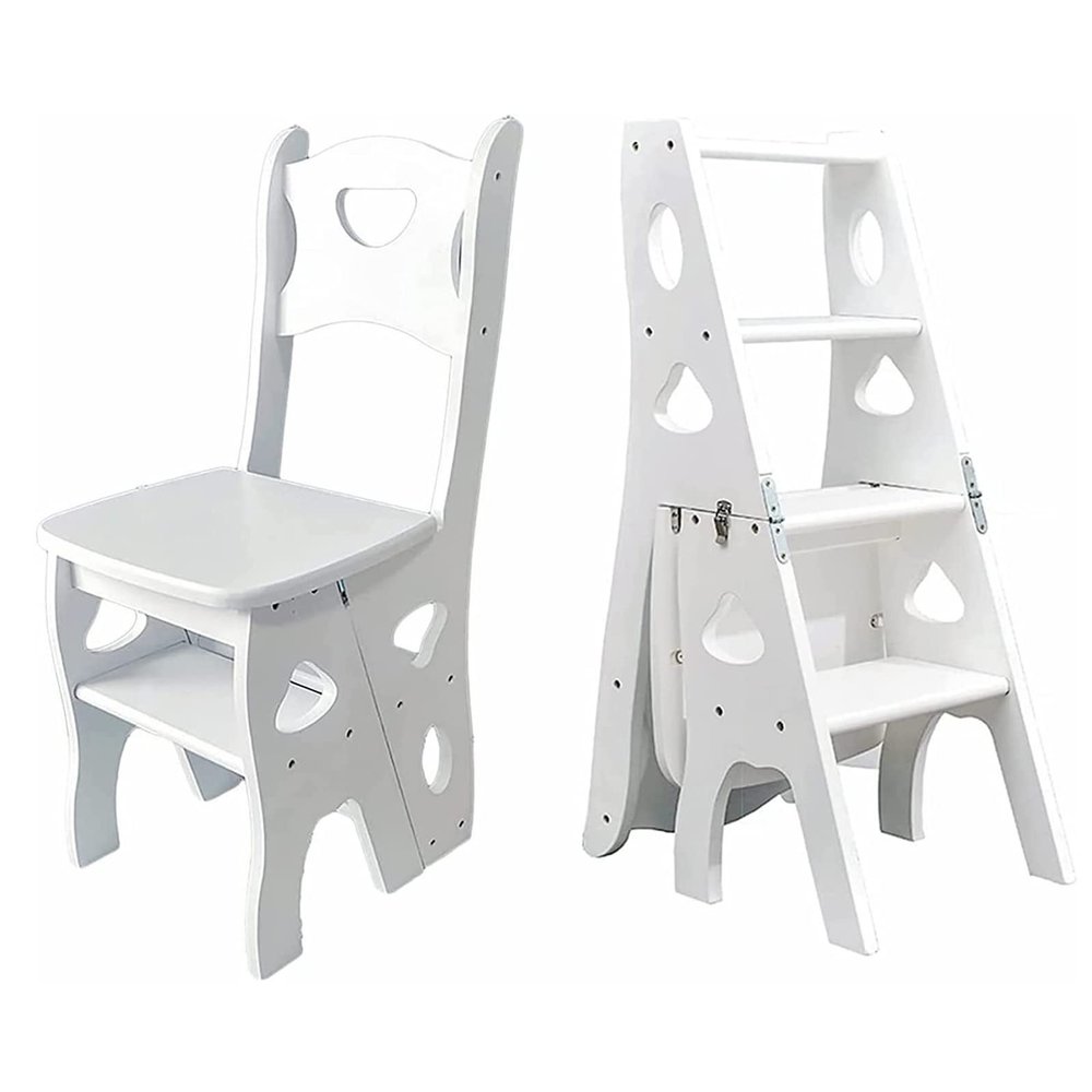 Folding Solid Wood Ladder Chair, 2-in-1 Step Stool with Seat