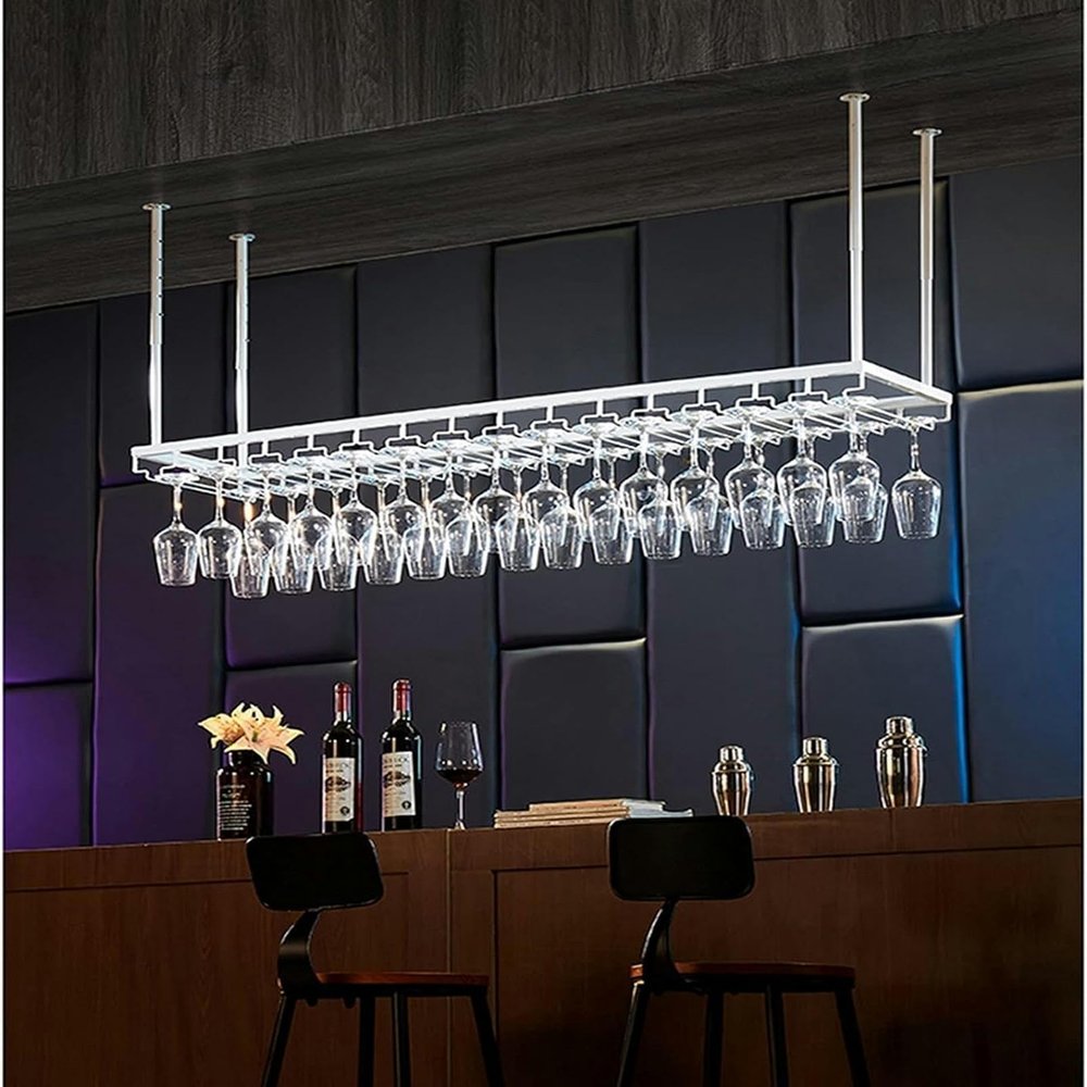 Adjustable Ceiling-Mounted Wine Rack with Hanging Glass Holder