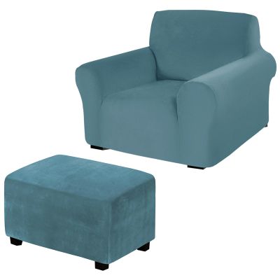 Blue Velvet Armchair Cover and Rectangular XL Ottoman Cover