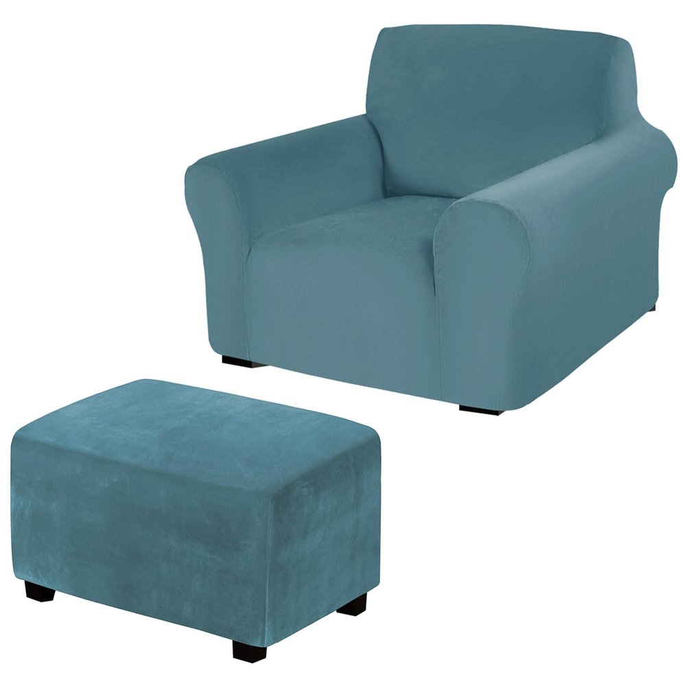 Blue Velvet Armchair Cover and Rectangular XL Ottoman Cover
