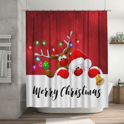 Ansouyi Shower Curtain Set with 12 Hooks, Cartoon Santa and Deer Design