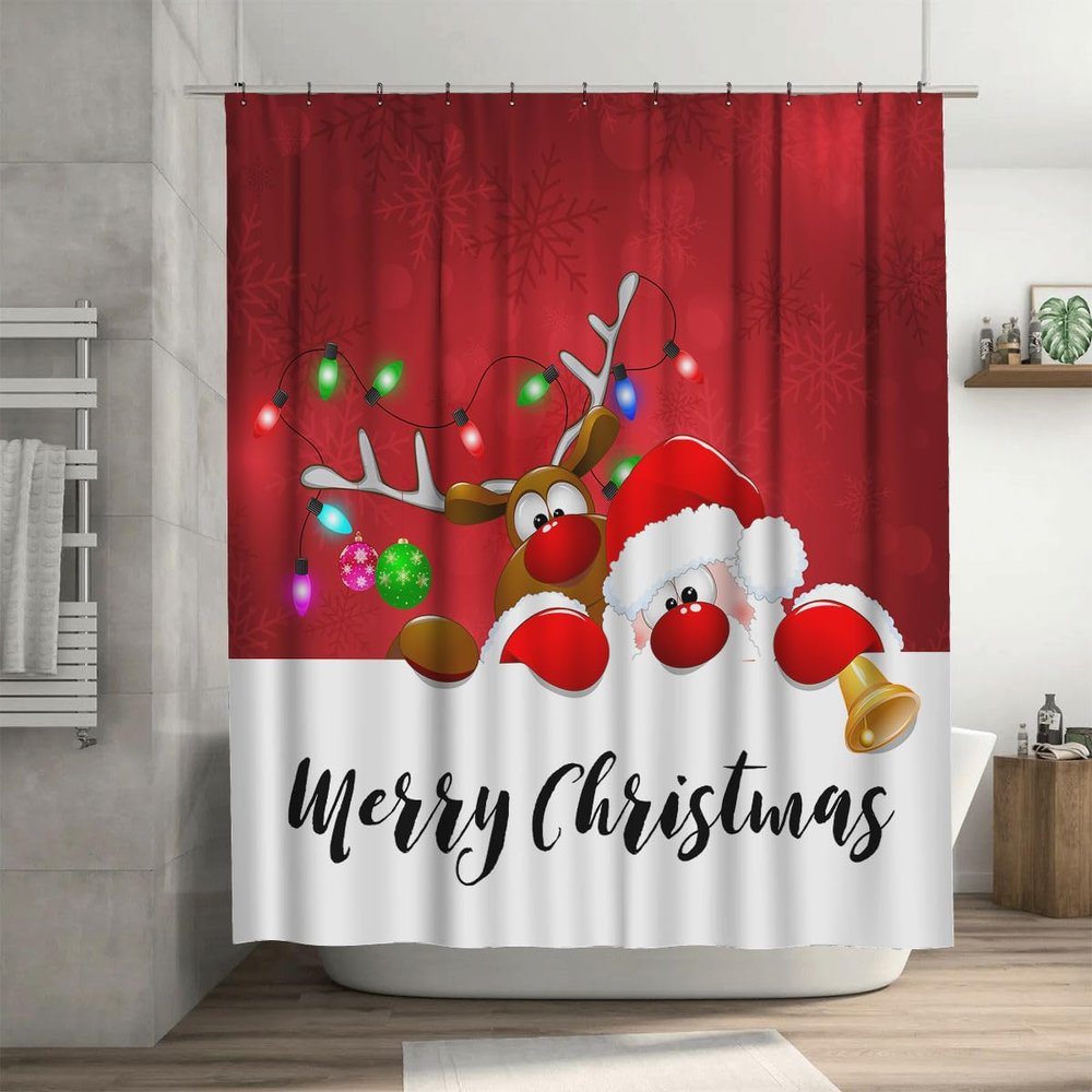Ansouyi Shower Curtain Set with 12 Hooks, Cartoon Santa and Deer Design