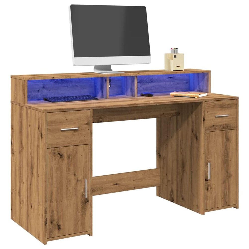 vidaXL LED Desk Artisan Oak 140x55x91 cm Engineered Wood