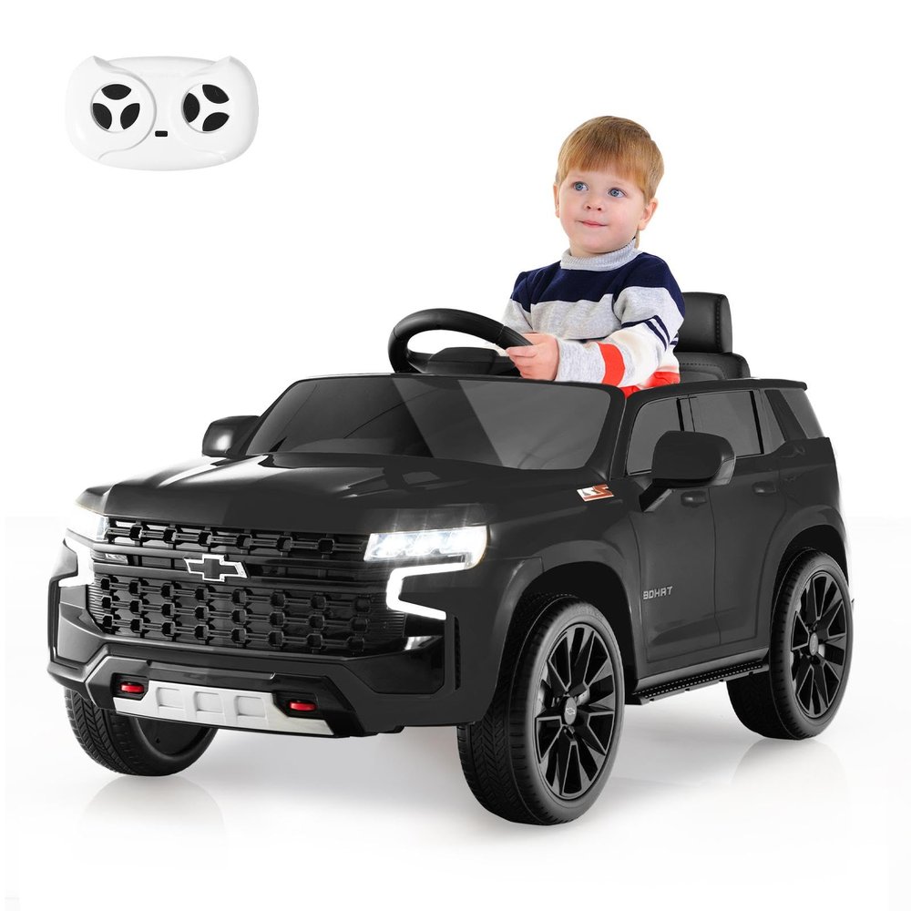 GOPLUS 12V Chevrolet Ride-On SUV for Kids, Lights, 2.4G Remote, Music & Wireless Connectivity, Black