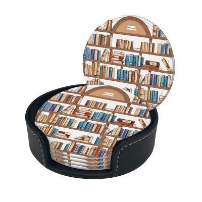 Funny Bookshelf Collection Printed Round Leather Coasters with Holder, Set of 6