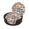 Funny Bookshelf Collection Printed Round Leather Coasters with Holder, Set of 6 view 1