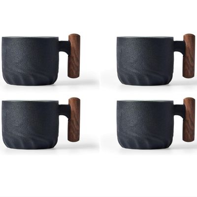 Scizorito 70.9 g Ceramic Espresso Cups with Wooden Handles, Chinese Kung Fu Tea Cups, Coffee Cups, Set of 4 (Black)