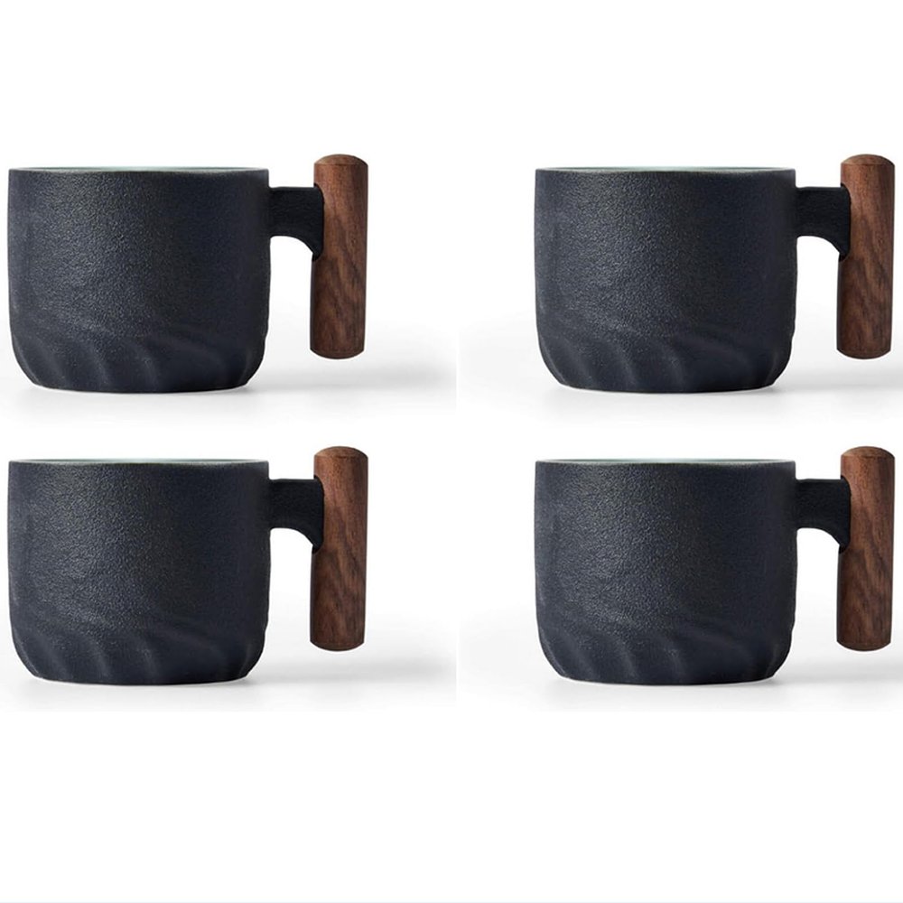 Scizorito 70.9 g Ceramic Espresso Cups with Wooden Handles, Chinese Kung Fu Tea Cups, Coffee Cups, Set of 4 (Black)