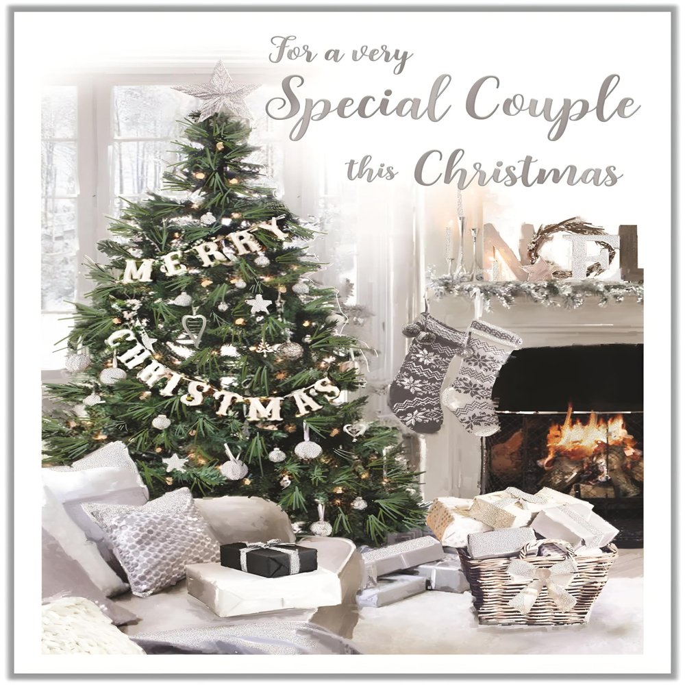 Christmas Card for a Couple, Decorative Tree and Fireplace, Artistic Festive Design, Special Finishes, Made in Great Britain