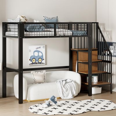 Dolaman Metal Loft Bed 90 x 200 cm with Small Cabinet, 180 cm High, Black