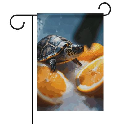 Vertical Double-Sided Winter Garden Flag with Turtles Emerging from Oranges