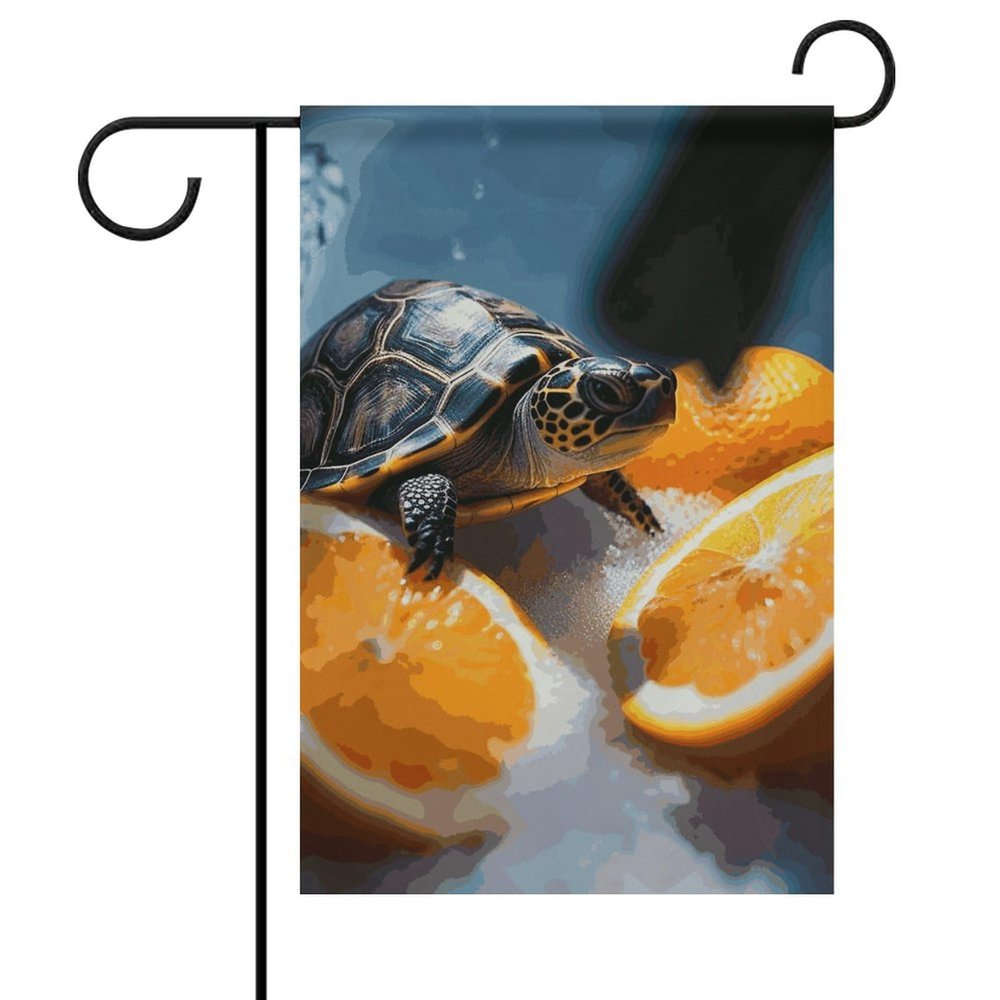 Vertical Double-Sided Winter Garden Flag with Turtles Emerging from Oranges