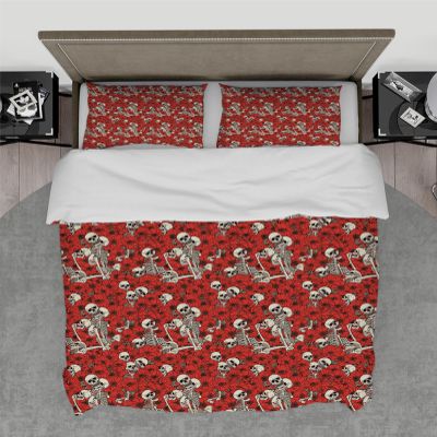 3-Piece Red Flower Fields and Fun Skulls Duvet Cover Set