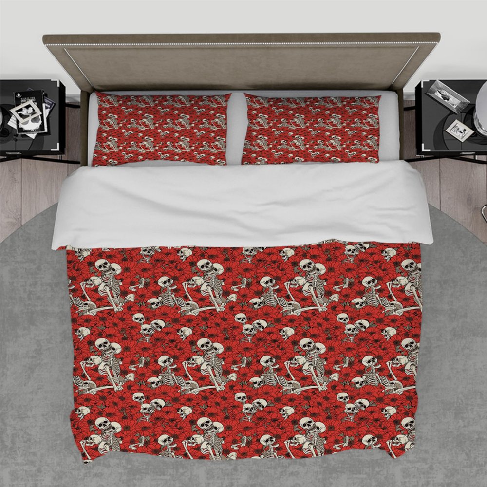 3-Piece Red Flower Fields and Fun Skulls Duvet Cover Set