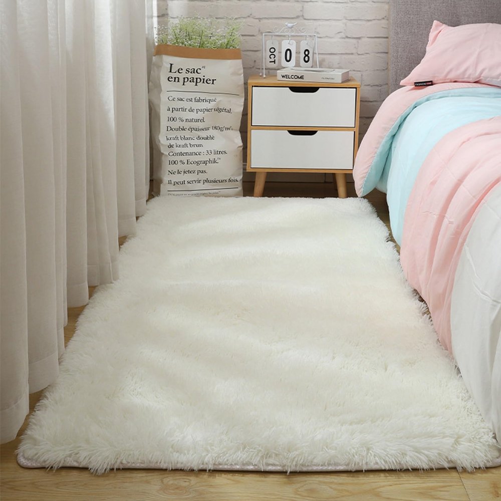 YUANWAN Shaggy Rug, Modern Soft Plush Rug, 70 x 350 cm, Non-Slip, White