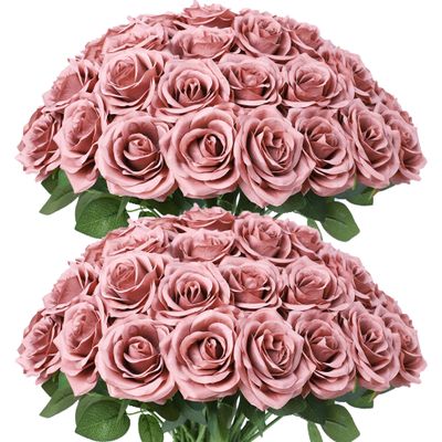 LVEFIT Artificial Dusty Pink Roses, 50 Silk Roses with Long Stems
