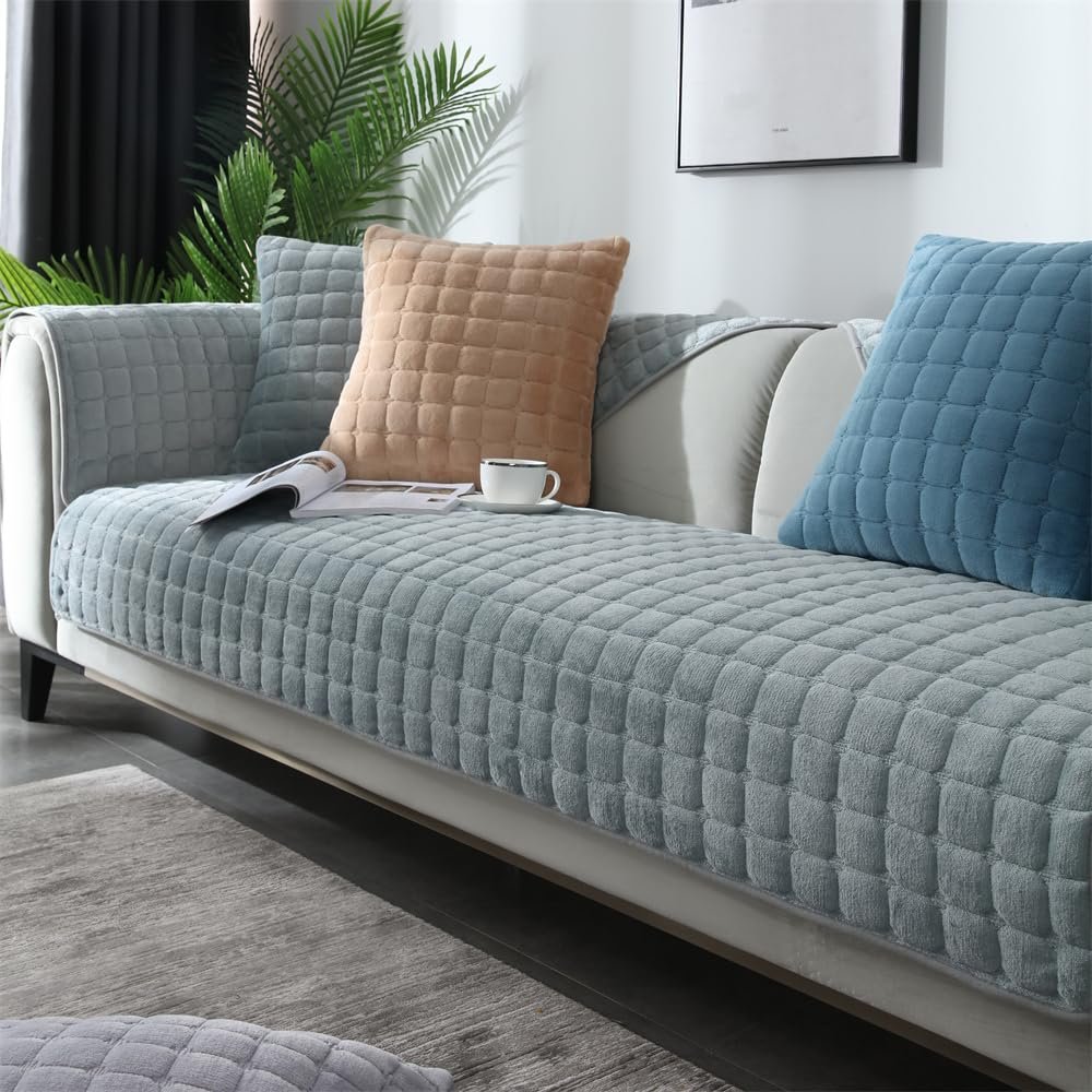 QIAQ Soft Velvet Sofa Cover, Washable, Universal Non-Slip Cover for Sectional Sofa, Gray-Green, 110 x 210 cm