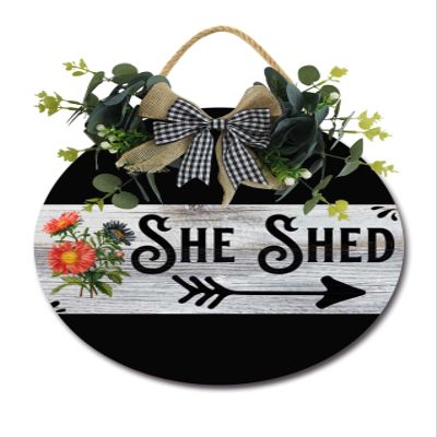 “She Shed” Sign for Front Door, Porch, Round Rustic Wood Hanging Sign