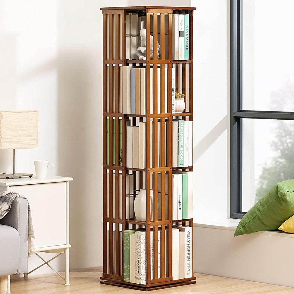 Rotating Bookshelf, 5/6 Tiers, 360-Degree Display, Solid Wood, Freestanding, Brown