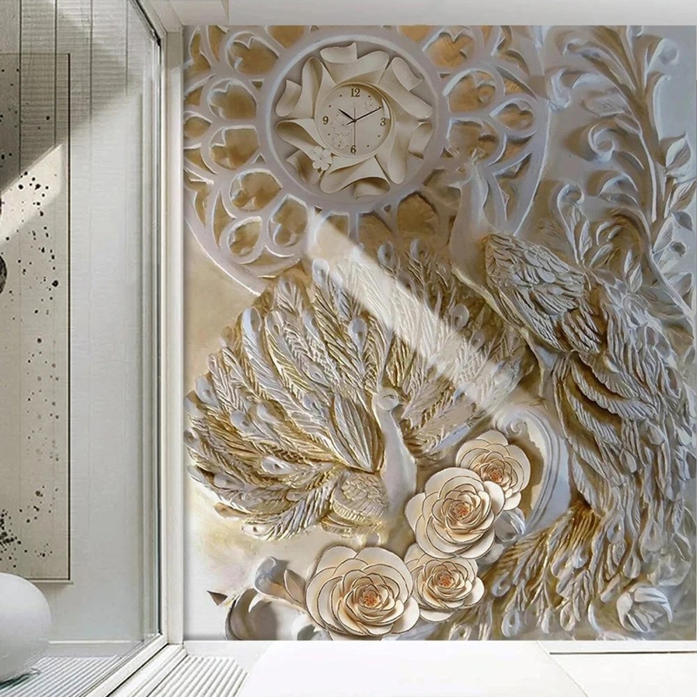 YLLMNOBM 3D Pink Peacock Clock Relief Wall Mural, Self-Adhesive PVC Wallpaper