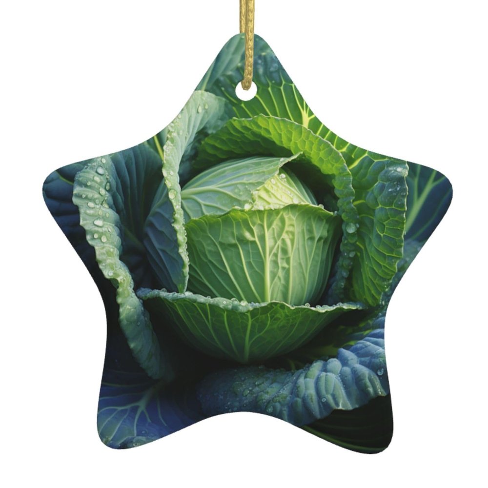 Glowing Cabbage Christmas Ornament, Ceramic Star with Gold-Tone Ribbon