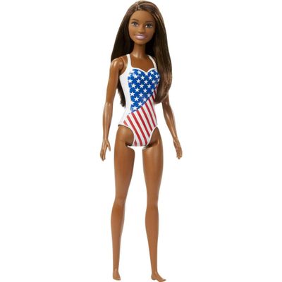 Barbie Beach-Themed Doll in American Flag Stars and Stripes Swimsuit, Brunette