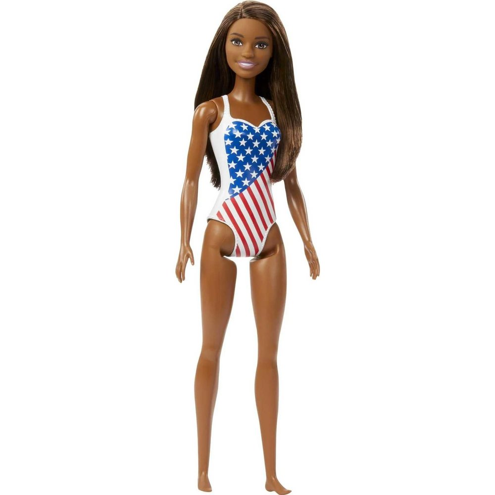 Barbie Beach-Themed Doll in American Flag Stars and Stripes Swimsuit, Brunette