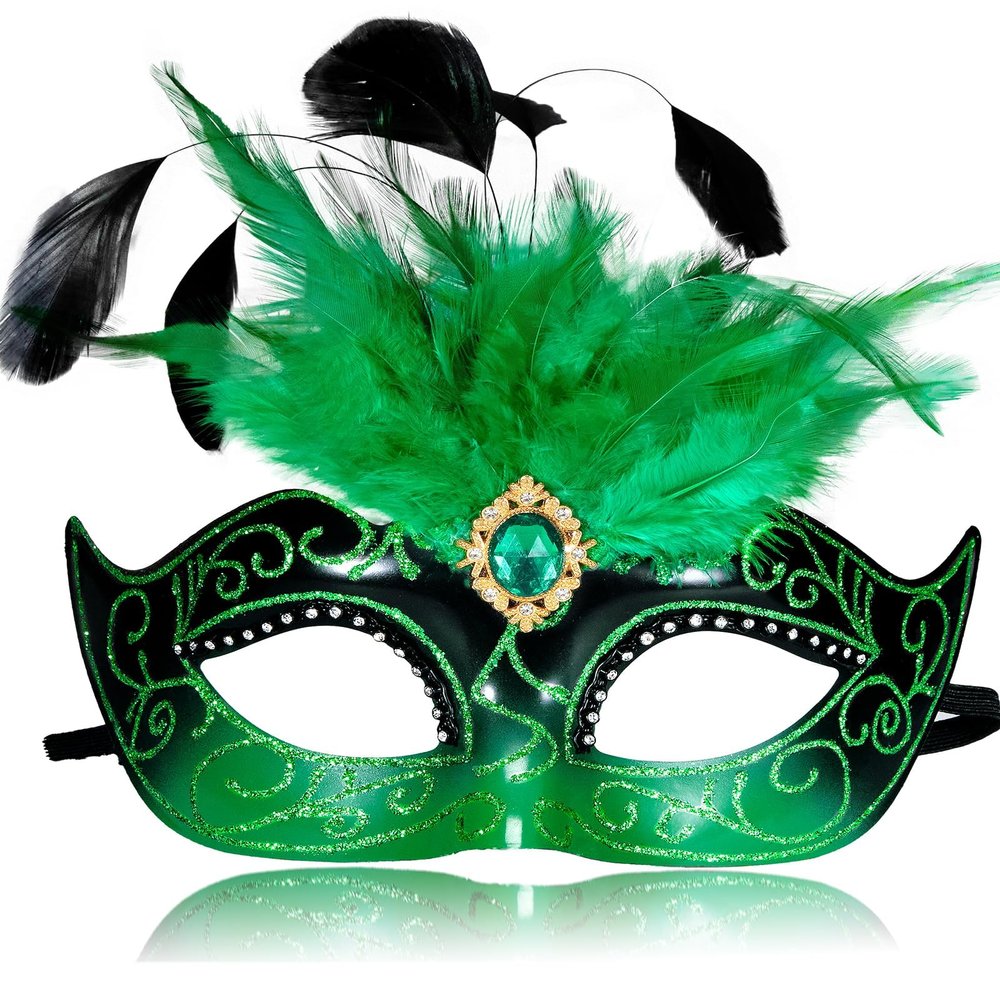 MYSEUNI Green Masquerade Masks for Women with Feathers, Mardi Gras Masks for Women, Venetian Masks for Halloween and Prom