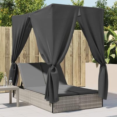 Homgoday Double Sun Lounger with Canopy and Curtains, Adjustable Backrest, Light Gray Poly Rattan