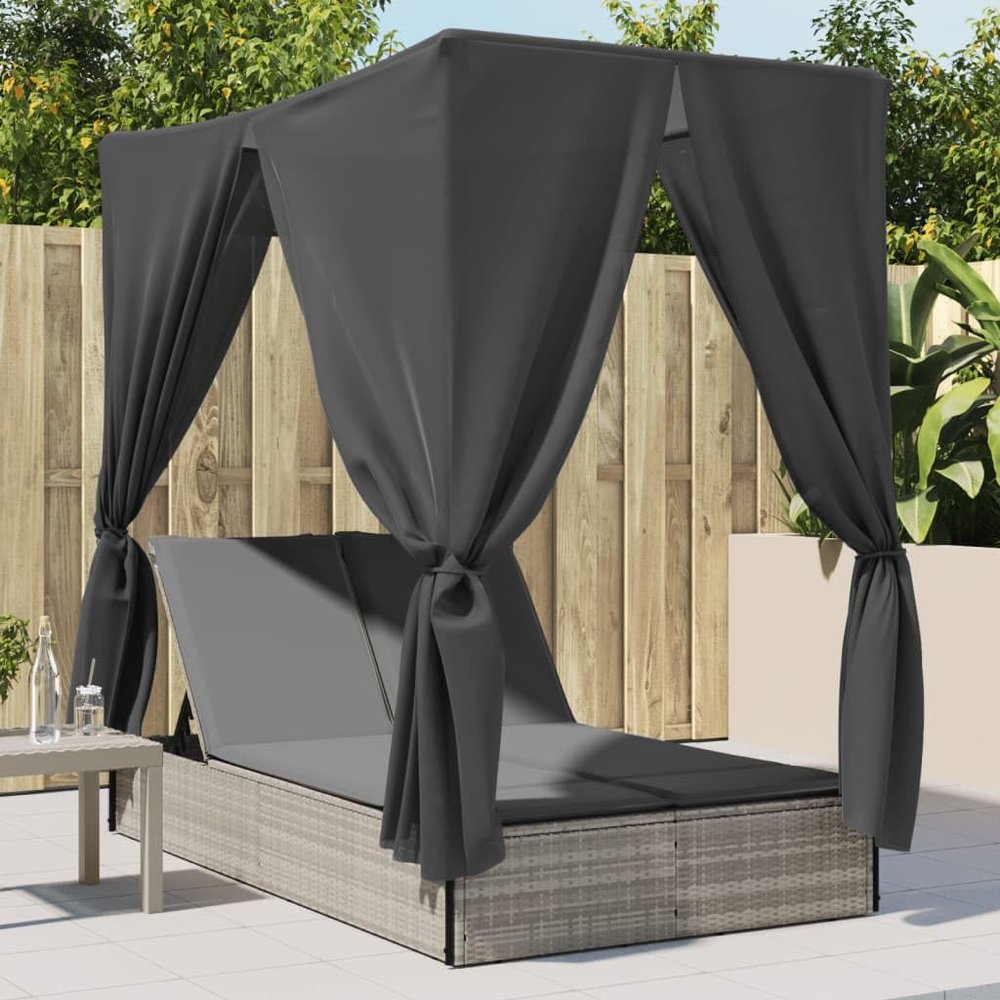 Homgoday Double Sun Lounger with Canopy and Curtains, Adjustable Backrest, Light Gray Poly Rattan