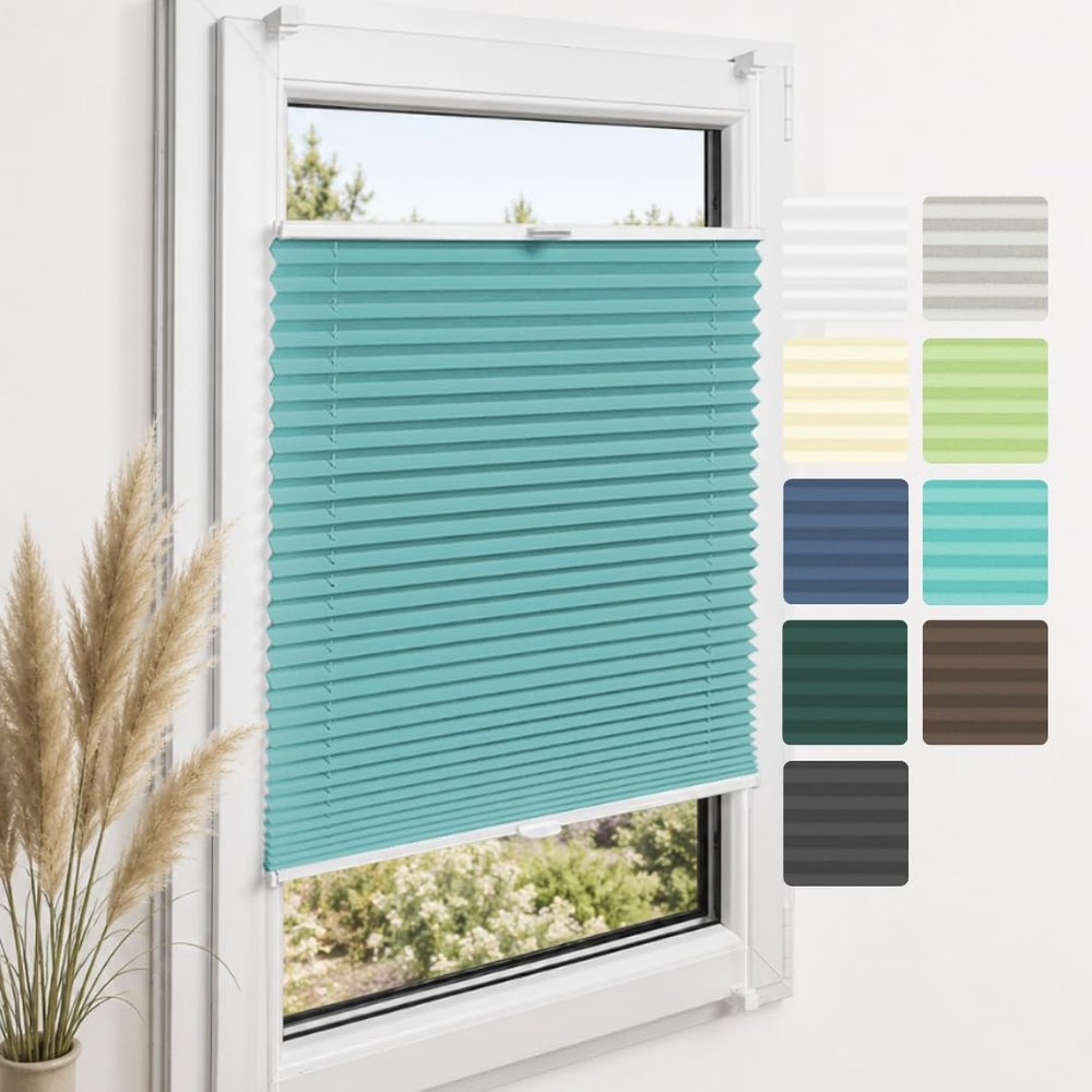 Home-Vision Premium No-Drill Pleated Blind, Clamp-Fix, Turquoise, W120 x H130 cm