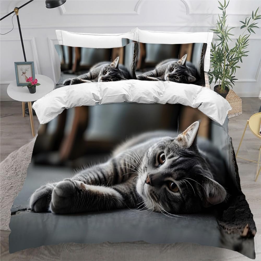 NYSMGS Cat Bedding Set, 155 x 220 cm, 3D Kitten Print, 100% Microfiber, with 80 x 80 cm Pillowcase