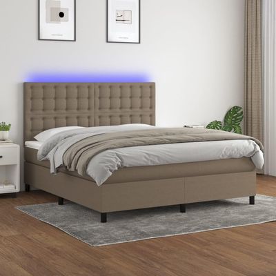 IKAYAA Box Spring Bed 180 x 200 cm with LED Lighting, Topper & Mattress, Upholstered Youth/Single Bed, Taupe, Type 136