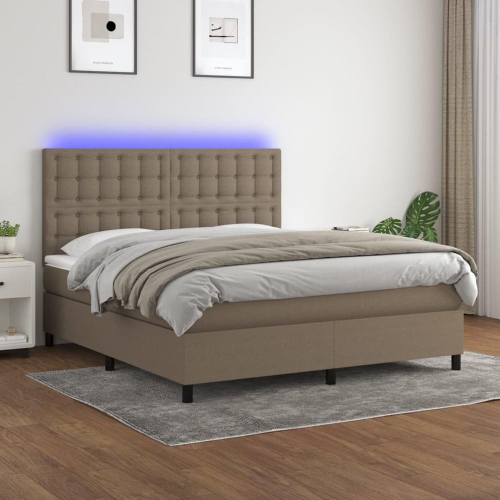 IKAYAA Box Spring Bed 180 x 200 cm with LED Lighting, Topper & Mattress, Upholstered Youth/Single Bed, Taupe, Type 136
