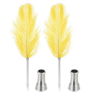 PATIKIL Feather Pens, 2-Pack, 0.5 mm Vintage Calligraphy Pens with Ostrich Feathers and 2 Holders, Yellow