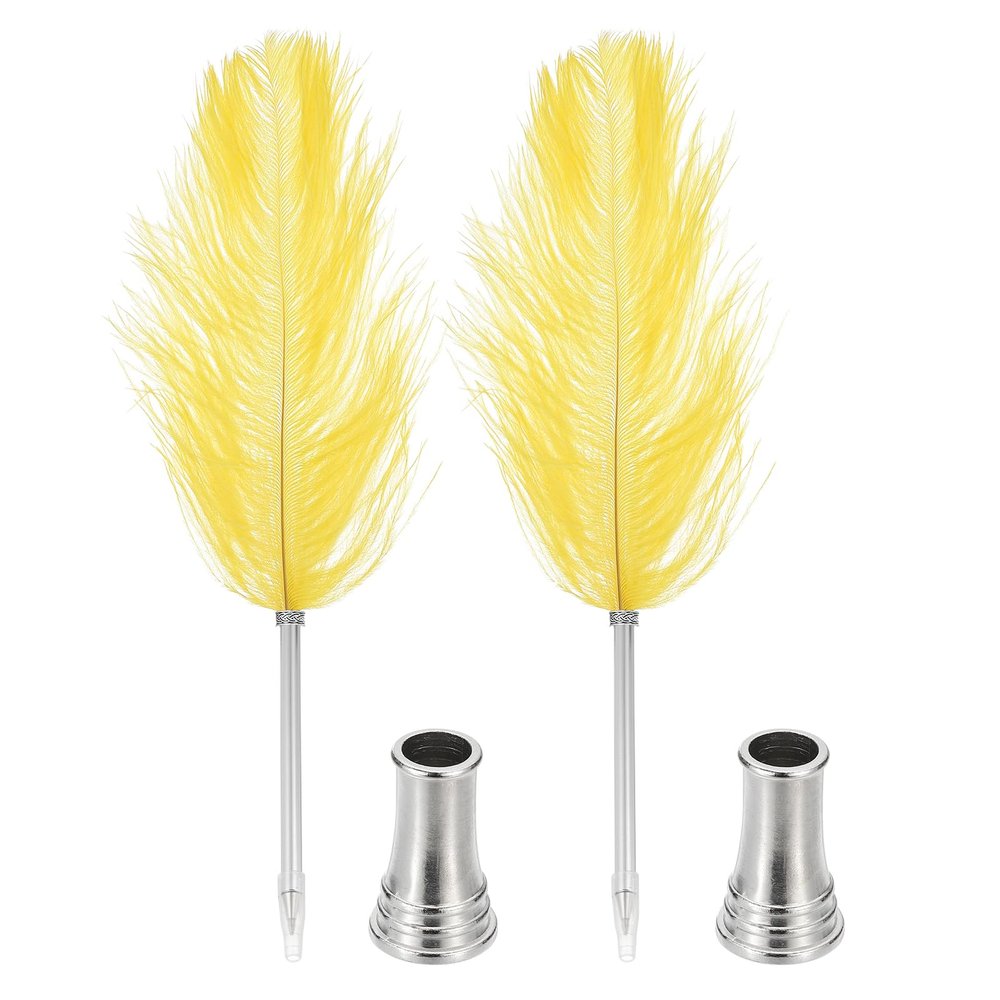 PATIKIL Feather Pens, 2-Pack, 0.5 mm Vintage Calligraphy Pens with Ostrich Feathers and 2 Holders, Yellow