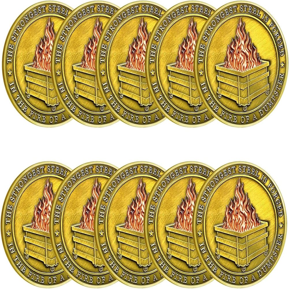 ERISAMO Dumpster Fire Challenge Coin, Double-Sided Funny Medallion for Staff and Coworker Gifts, Gold, 10-Pack
