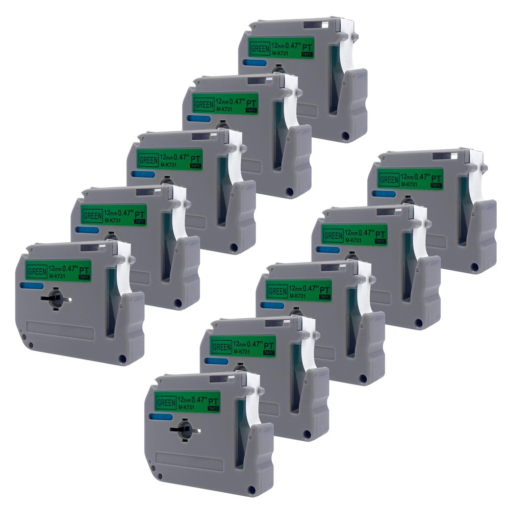 DULA Brother-Compatible M K731 Label Tape, 10 Cassettes, Black on Green, 12 mm x 8 m